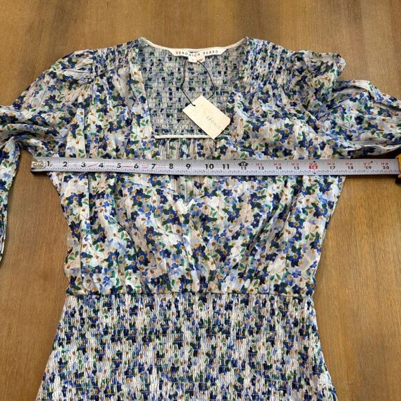 Veronica Beard Darrah Smocked Dress‎ Size 0 Floral Minidress V-Neck Ruffle Hem - Picture 5 of 14